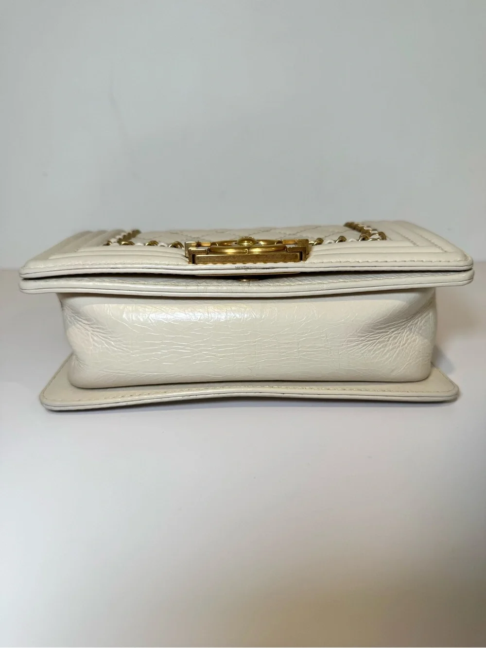 Chanel Small Chain Around Boy Bag W Cream Quilted Aged Calfskin & Gold Hardware
